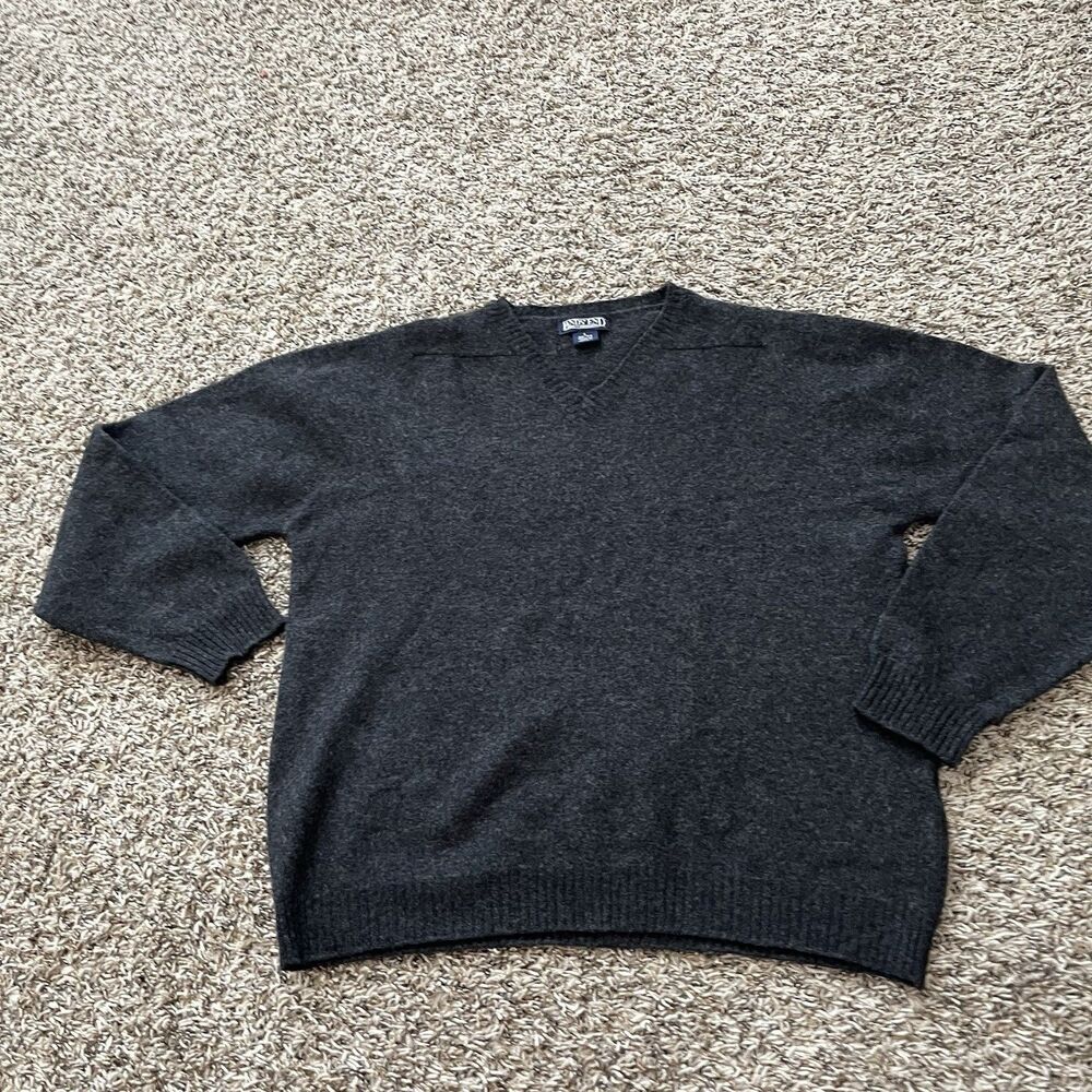 VTG Scotland Lands End Mens Pullover V Neck Sweater 100% Wool Charcoal Grey Sz L